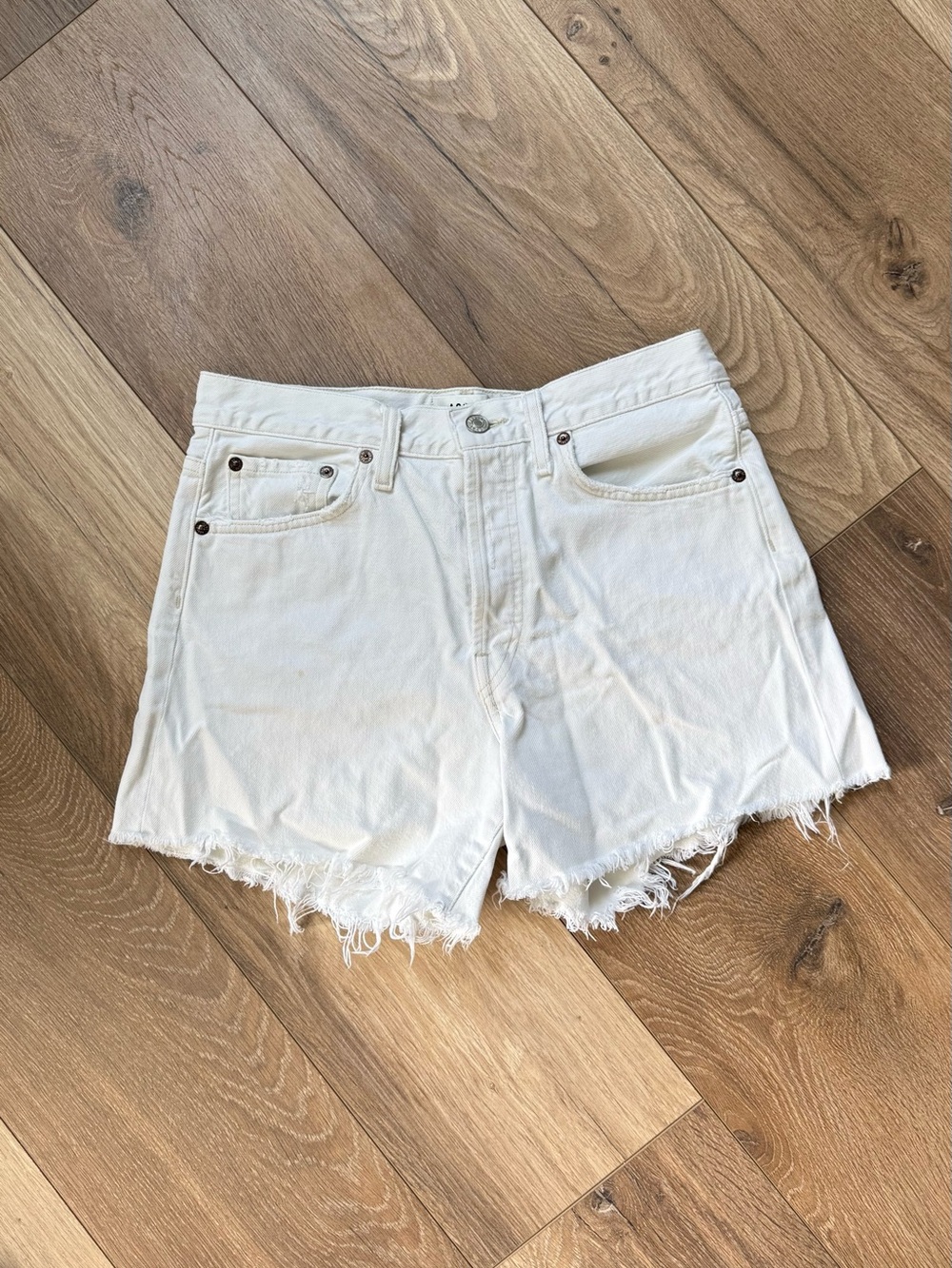 Agolde Parker Long White Frayed Hem High-Rise Denim Shorts